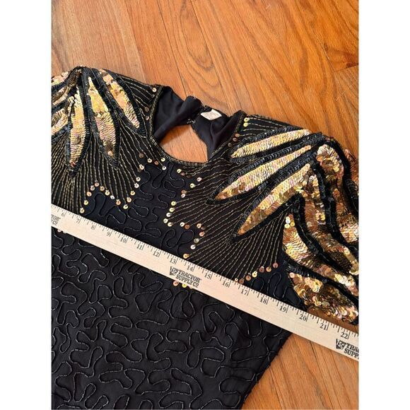 Vintage 80s Laurence Kazar Black Gold Cocktail Silk Sequin Beaded Midi Dress - Picture 8 of 10